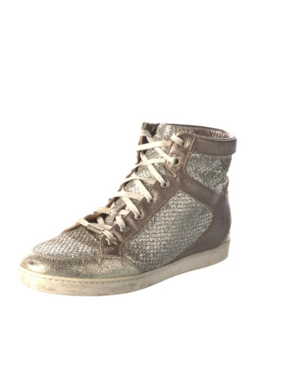 JIMMY CHOO Glitter Metallic Leather High Top Wedge Sneakers 37.5 US 7.5